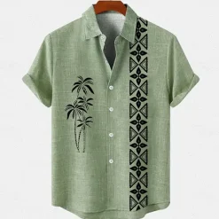 Online OUKU Men's Linen Shirt Beach Shirt Summer Hawaiian Shirt Coconut Tree Outdoor Vacation Blue Brown Green Short Sleeve Stand Collar Summer Spring Clothing Apparel Print