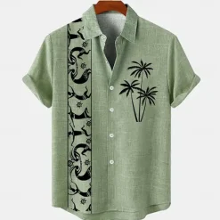 Online OUKU Men's Linen Shirt Beach Shirt Summer Hawaiian Shirt Coconut Tree Outdoor Vacation Blue Brown Green Short Sleeve Stand Collar Summer Spring Clothing Apparel Print