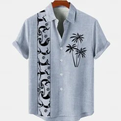 Online OUKU Men's Linen Shirt Beach Shirt Summer Hawaiian Shirt Coconut Tree Outdoor Vacation Blue Brown Green Short Sleeve Stand Collar Summer Spring Clothing Apparel Print