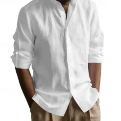 Clearance OUKU Men's Linen Shirt Black White Light Blue Long Sleeve Plain Grandad Collar Vacation Hawaiian Button Up Clothing Apparel Casual Fashion