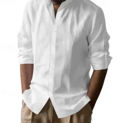 Clearance OUKU Men's Linen Shirt Black White Light Blue Long Sleeve Plain Grandad Collar Vacation Hawaiian Button Up Clothing Apparel Casual Fashion