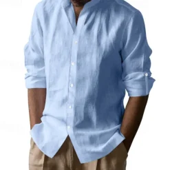 Clearance OUKU Men's Linen Shirt Black White Light Blue Long Sleeve Plain Grandad Collar Vacation Hawaiian Button Up Clothing Apparel Casual Fashion