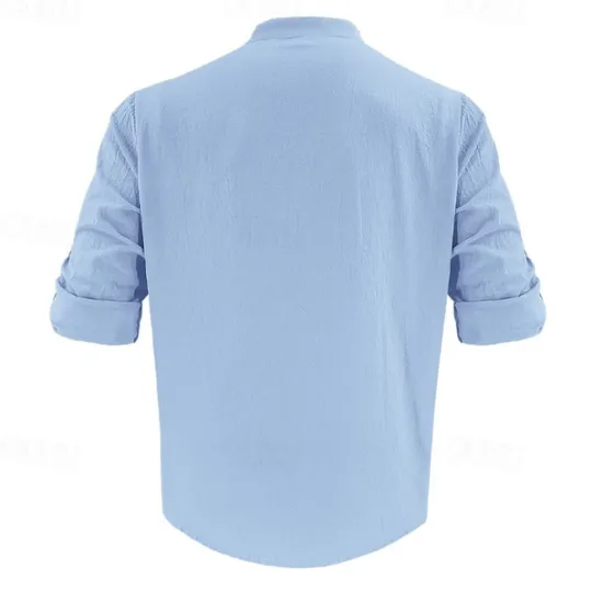 Clearance OUKU Men's Linen Shirt Black White Light Blue Long Sleeve Plain Grandad Collar Vacation Hawaiian Button Up Clothing Apparel Casual Fashion