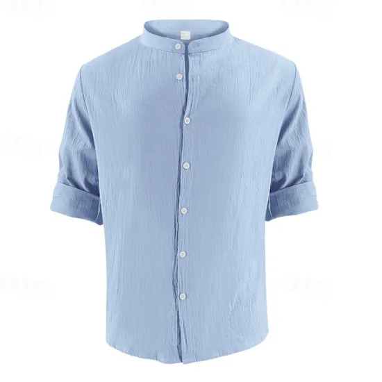 Clearance OUKU Men's Linen Shirt Black White Light Blue Long Sleeve Plain Grandad Collar Vacation Hawaiian Button Up Clothing Apparel Casual Fashion