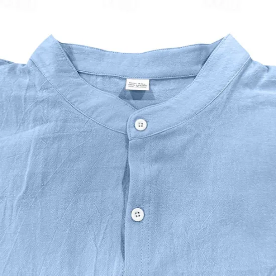 Clearance OUKU Men's Linen Shirt Black White Light Blue Long Sleeve Plain Grandad Collar Vacation Hawaiian Button Up Clothing Apparel Casual Fashion