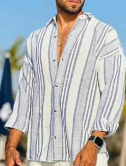 Outlet OUKU Men's Linen Shirt Button Up Shirt Casual Shirt Summer Shirt Beach Shirt Pink Blue Dark Green Long Sleeve Striped Turndown Spring & Summer Outdoor Holiday Clothing Apparel Print