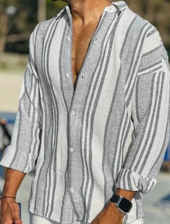 Outlet OUKU Men's Linen Shirt Button Up Shirt Casual Shirt Summer Shirt Beach Shirt Pink Blue Dark Green Long Sleeve Striped Turndown Spring & Summer Outdoor Holiday Clothing Apparel Print