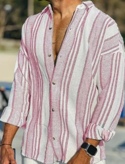 Outlet OUKU Men's Linen Shirt Button Up Shirt Casual Shirt Summer Shirt Beach Shirt Pink Blue Dark Green Long Sleeve Striped Turndown Spring & Summer Outdoor Holiday Clothing Apparel Print