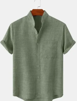 Hot OUKU Men's Linen Shirt Casual Shirt Henley Shirt Plain Hawaiian Holiday Black White Yellow Pink Short Sleeve Henley Spring & Summer Clothing Apparel Front Pocket