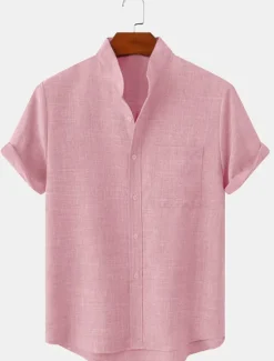 Hot OUKU Men's Linen Shirt Casual Shirt Henley Shirt Plain Hawaiian Holiday Black White Yellow Pink Short Sleeve Henley Spring & Summer Clothing Apparel Front Pocket