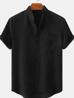Hot OUKU Men's Linen Shirt Casual Shirt Henley Shirt Plain Hawaiian Holiday Black White Yellow Pink Short Sleeve Henley Spring & Summer Clothing Apparel Front Pocket