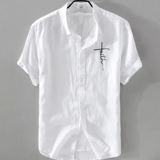Online OUKU Men's Linen Shirt Casual Shirt Cotton Linen Shirt Button Up Shirt Pattern Vacation Street Black White Pink Dark Navy Short Sleeve Lapel Summer Clothing Apparel Button-Down