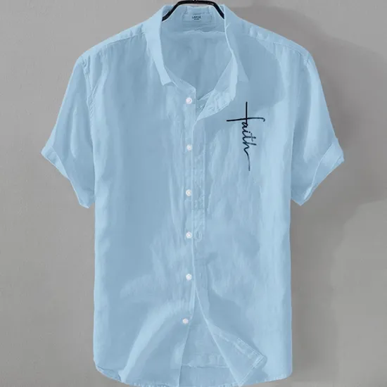 Online OUKU Men's Linen Shirt Casual Shirt Cotton Linen Shirt Button Up Shirt Pattern Vacation Street Black White Pink Dark Navy Short Sleeve Lapel Summer Clothing Apparel Button-Down