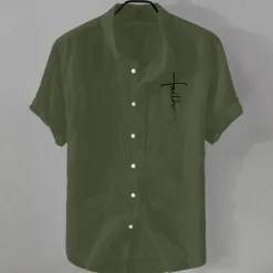 Online OUKU Men's Linen Shirt Casual Shirt Cotton Linen Shirt Button Up Shirt Pattern Vacation Street Black White Pink Dark Navy Short Sleeve Lapel Summer Clothing Apparel Button-Down