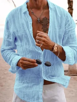 Outlet OUKU Men's Linen Shirt Casual Shirt Beach Shirt Button Up Shirt Untucked Shirts Plain Vacation Curise Black White Pink Navy Blue Long Sleeve Lapel Spring & Summer Clothing Apparel Basic