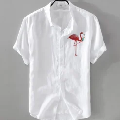 OUKU Men's Linen Shirt Casual Shirt Cotton Linen Shirt Button Up Shirt Pattern Vacation Street White Dark Navy Sky Blue Khaki Short Sleeve Lapel Summer Clothing Apparel Buckle