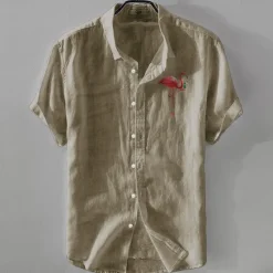 OUKU Men's Linen Shirt Casual Shirt Cotton Linen Shirt Button Up Shirt Pattern Vacation Street White Dark Navy Sky Blue Khaki Short Sleeve Lapel Summer Clothing Apparel Buckle