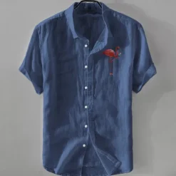 OUKU Men's Linen Shirt Casual Shirt Cotton Linen Shirt Button Up Shirt Pattern Vacation Street White Dark Navy Sky Blue Khaki Short Sleeve Lapel Summer Clothing Apparel Buckle