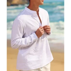 Outlet OUKU Men's Linen Shirt Chinese Collar Shirt Mandarin Collar Shirt Summer Shirt Beach Shirt Plain Vacation Hawaiian White Pink Blue Green Long Sleeve Stand Collar Spring & Summer Clothing Apparel Basic