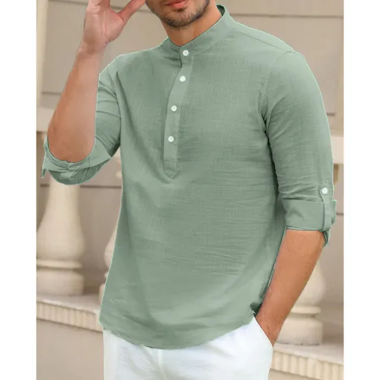 Outlet OUKU Men's Linen Shirt Chinese Collar Shirt Mandarin Collar Shirt Summer Shirt Beach Shirt Plain Vacation Hawaiian White Pink Blue Green Long Sleeve Stand Collar Spring & Summer Clothing Apparel Basic