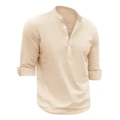Outlet OUKU Men's Linen Shirt Chinese Collar Shirt Mandarin Collar Shirt Summer Shirt Beach Shirt Plain Vacation Hawaiian White Pink Blue Green Long Sleeve Stand Collar Spring & Summer Clothing Apparel Basic