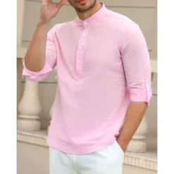Outlet OUKU Men's Linen Shirt Chinese Collar Shirt Mandarin Collar Shirt Summer Shirt Beach Shirt Plain Vacation Hawaiian White Pink Blue Green Long Sleeve Stand Collar Spring & Summer Clothing Apparel Basic