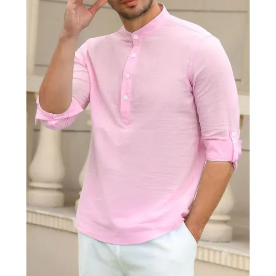 Outlet OUKU Men's Linen Shirt Chinese Collar Shirt Mandarin Collar Shirt Summer Shirt Beach Shirt Plain Vacation Hawaiian White Pink Blue Green Long Sleeve Stand Collar Spring & Summer Clothing Apparel Basic