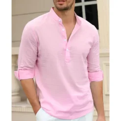 Outlet OUKU Men's Linen Shirt Chinese Collar Shirt Mandarin Collar Shirt Summer Shirt Beach Shirt Plain Vacation Hawaiian White Pink Blue Green Long Sleeve Stand Collar Spring & Summer Clothing Apparel Basic