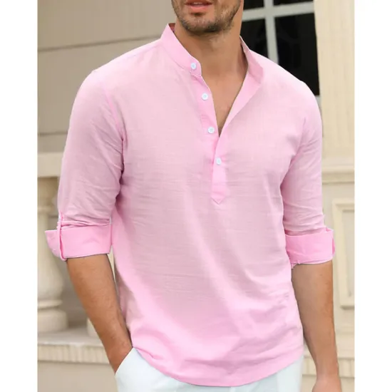 Outlet OUKU Men's Linen Shirt Chinese Collar Shirt Mandarin Collar Shirt Summer Shirt Beach Shirt Plain Vacation Hawaiian White Pink Blue Green Long Sleeve Stand Collar Spring & Summer Clothing Apparel Basic