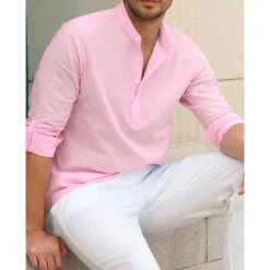 Outlet OUKU Men's Linen Shirt Chinese Collar Shirt Mandarin Collar Shirt Summer Shirt Beach Shirt Plain Vacation Hawaiian White Pink Blue Green Long Sleeve Stand Collar Spring & Summer Clothing Apparel Basic