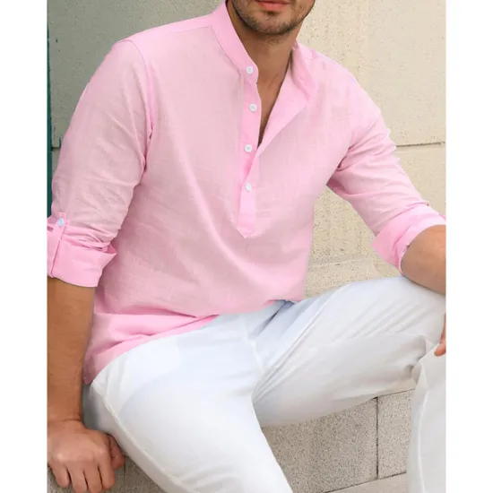 Outlet OUKU Men's Linen Shirt Chinese Collar Shirt Mandarin Collar Shirt Summer Shirt Beach Shirt Plain Vacation Hawaiian White Pink Blue Green Long Sleeve Stand Collar Spring & Summer Clothing Apparel Basic