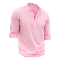 Outlet OUKU Men's Linen Shirt Chinese Collar Shirt Mandarin Collar Shirt Summer Shirt Beach Shirt Plain Vacation Hawaiian White Pink Blue Green Long Sleeve Stand Collar Spring & Summer Clothing Apparel Basic