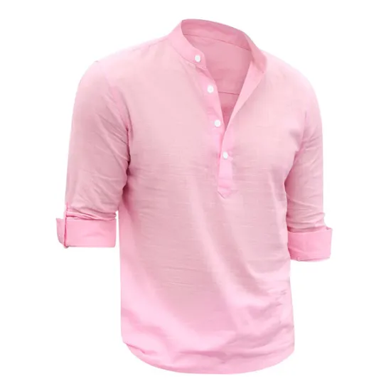 Outlet OUKU Men's Linen Shirt Chinese Collar Shirt Mandarin Collar Shirt Summer Shirt Beach Shirt Plain Vacation Hawaiian White Pink Blue Green Long Sleeve Stand Collar Spring & Summer Clothing Apparel Basic