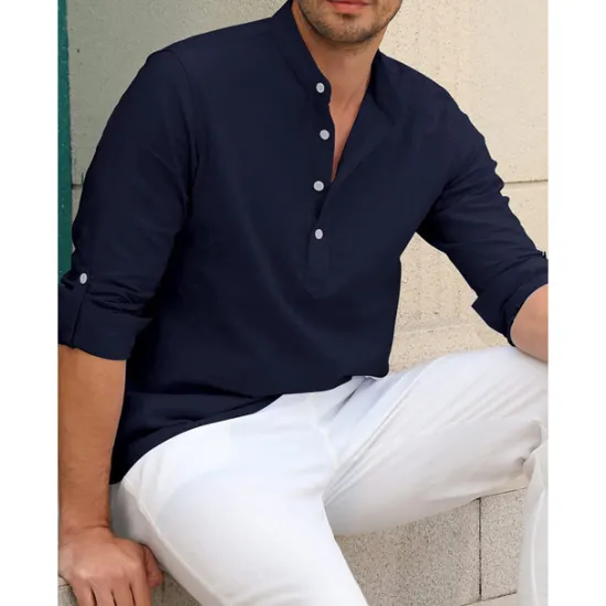 Outlet OUKU Men's Linen Shirt Chinese Collar Shirt Mandarin Collar Shirt Summer Shirt Beach Shirt Plain Vacation Hawaiian White Pink Blue Green Long Sleeve Stand Collar Spring & Summer Clothing Apparel Basic