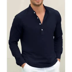 Outlet OUKU Men's Linen Shirt Chinese Collar Shirt Mandarin Collar Shirt Summer Shirt Beach Shirt Plain Vacation Hawaiian White Pink Blue Green Long Sleeve Stand Collar Spring & Summer Clothing Apparel Basic