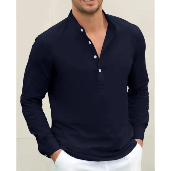 Outlet OUKU Men's Linen Shirt Chinese Collar Shirt Mandarin Collar Shirt Summer Shirt Beach Shirt Plain Vacation Hawaiian White Pink Blue Green Long Sleeve Stand Collar Spring & Summer Clothing Apparel Basic