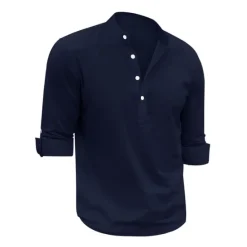 Outlet OUKU Men's Linen Shirt Chinese Collar Shirt Mandarin Collar Shirt Summer Shirt Beach Shirt Plain Vacation Hawaiian White Pink Blue Green Long Sleeve Stand Collar Spring & Summer Clothing Apparel Basic