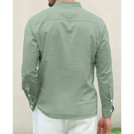 Outlet OUKU Men's Linen Shirt Chinese Collar Shirt Mandarin Collar Shirt Summer Shirt Beach Shirt Plain Vacation Hawaiian White Pink Blue Green Long Sleeve Stand Collar Spring & Summer Clothing Apparel Basic