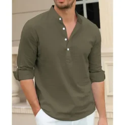 Outlet OUKU Men's Linen Shirt Chinese Collar Shirt Mandarin Collar Shirt Summer Shirt Beach Shirt Plain Vacation Hawaiian White Pink Blue Green Long Sleeve Stand Collar Spring & Summer Clothing Apparel Basic