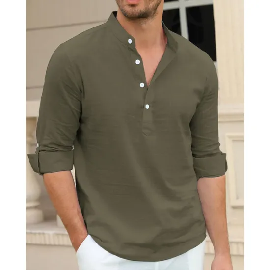 Outlet OUKU Men's Linen Shirt Chinese Collar Shirt Mandarin Collar Shirt Summer Shirt Beach Shirt Plain Vacation Hawaiian White Pink Blue Green Long Sleeve Stand Collar Spring & Summer Clothing Apparel Basic