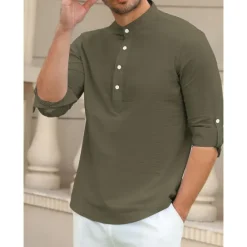 Outlet OUKU Men's Linen Shirt Chinese Collar Shirt Mandarin Collar Shirt Summer Shirt Beach Shirt Plain Vacation Hawaiian White Pink Blue Green Long Sleeve Stand Collar Spring & Summer Clothing Apparel Basic