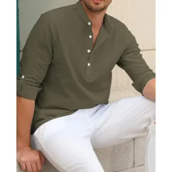 Outlet OUKU Men's Linen Shirt Chinese Collar Shirt Mandarin Collar Shirt Summer Shirt Beach Shirt Plain Vacation Hawaiian White Pink Blue Green Long Sleeve Stand Collar Spring & Summer Clothing Apparel Basic