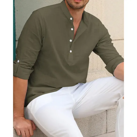 Outlet OUKU Men's Linen Shirt Chinese Collar Shirt Mandarin Collar Shirt Summer Shirt Beach Shirt Plain Vacation Hawaiian White Pink Blue Green Long Sleeve Stand Collar Spring & Summer Clothing Apparel Basic
