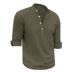 Outlet OUKU Men's Linen Shirt Chinese Collar Shirt Mandarin Collar Shirt Summer Shirt Beach Shirt Plain Vacation Hawaiian White Pink Blue Green Long Sleeve Stand Collar Spring & Summer Clothing Apparel Basic