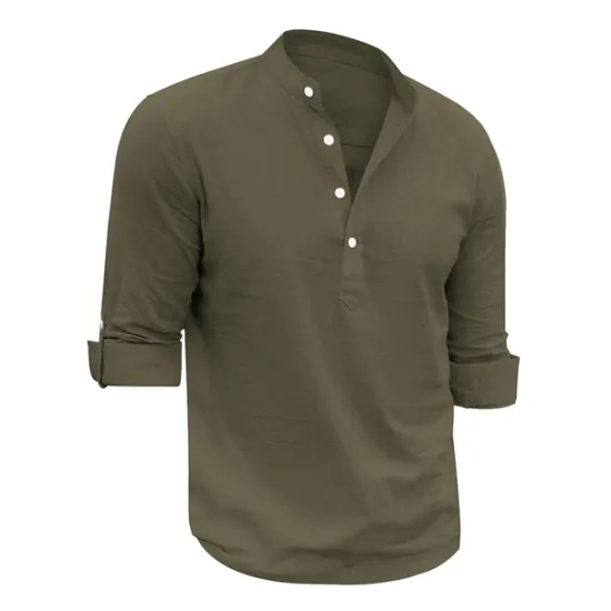 Outlet OUKU Men's Linen Shirt Chinese Collar Shirt Mandarin Collar Shirt Summer Shirt Beach Shirt Plain Vacation Hawaiian White Pink Blue Green Long Sleeve Stand Collar Spring & Summer Clothing Apparel Basic