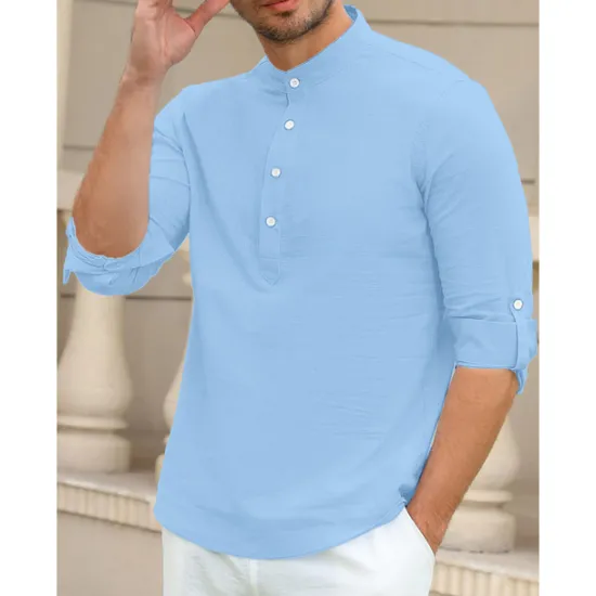 Outlet OUKU Men's Linen Shirt Chinese Collar Shirt Mandarin Collar Shirt Summer Shirt Beach Shirt Plain Vacation Hawaiian White Pink Blue Green Long Sleeve Stand Collar Spring & Summer Clothing Apparel Basic