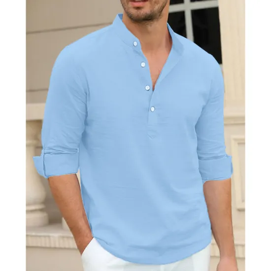 Outlet OUKU Men's Linen Shirt Chinese Collar Shirt Mandarin Collar Shirt Summer Shirt Beach Shirt Plain Vacation Hawaiian White Pink Blue Green Long Sleeve Stand Collar Spring & Summer Clothing Apparel Basic