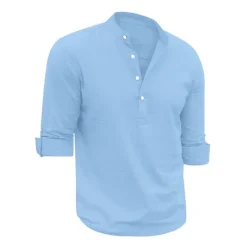 Outlet OUKU Men's Linen Shirt Chinese Collar Shirt Mandarin Collar Shirt Summer Shirt Beach Shirt Plain Vacation Hawaiian White Pink Blue Green Long Sleeve Stand Collar Spring & Summer Clothing Apparel Basic