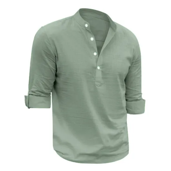 Outlet OUKU Men's Linen Shirt Chinese Collar Shirt Mandarin Collar Shirt Summer Shirt Beach Shirt Plain Vacation Hawaiian White Pink Blue Green Long Sleeve Stand Collar Spring & Summer Clothing Apparel Basic