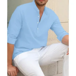 Outlet OUKU Men's Linen Shirt Chinese Collar Shirt Mandarin Collar Shirt Summer Shirt Beach Shirt Plain Vacation Hawaiian White Pink Blue Green Long Sleeve Stand Collar Spring & Summer Clothing Apparel Basic